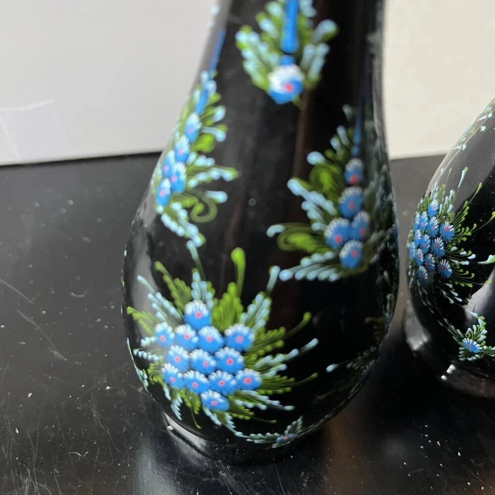 Vintage Japanese Black Lacquer Bud Vases Set of 2 Hand Painted Blue Floral